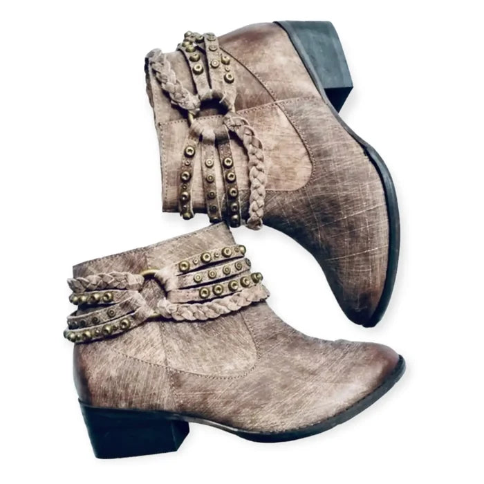 Western Tan Leather Braided Ankle Boots Textured Leather Multi Studded Straps