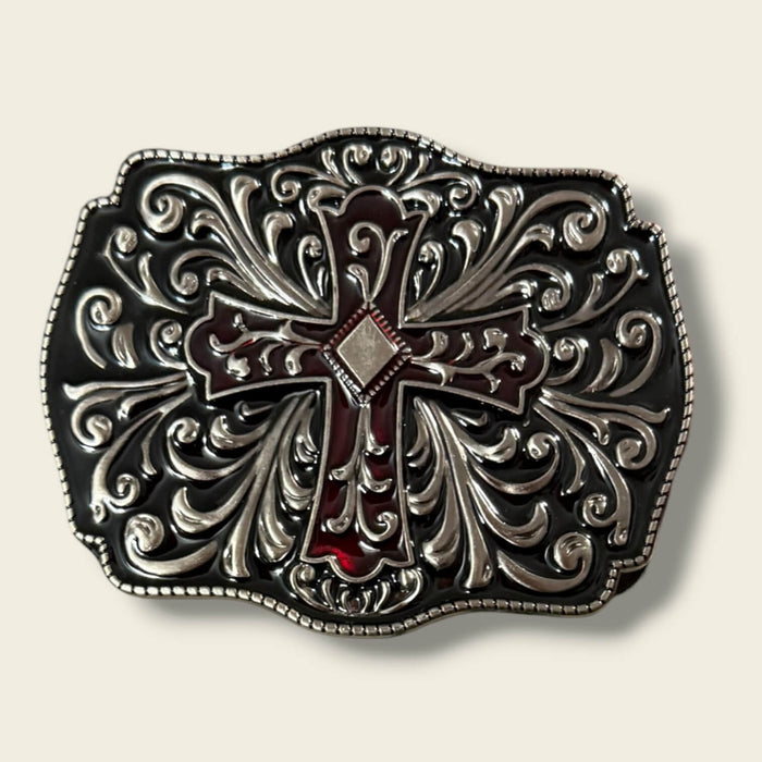 Western Textured Cross Buckle Belt in black and red with glossy floral strap and ornate silver-tone cross buckle
