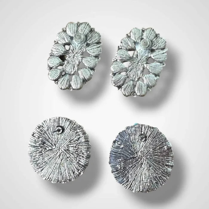 Western Turquoise Cluster Earrings showcasing bold faux cabochon stones in a silver-finish metal design back view