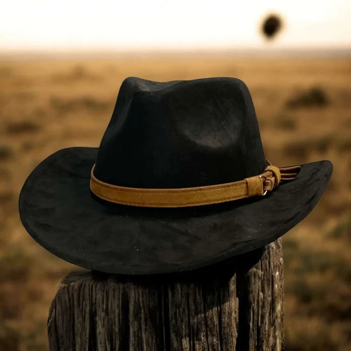Western Wide Brim Suede Cowboy Hat  black pinched crown, curled sides, and removable brown leather fringe band