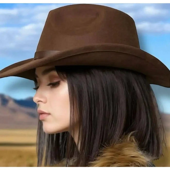 Western Wide Brim Suede Cowboy Hat brown pinched crown, curled sides, and removable brown leather fringe band
