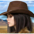 Western Wide Brim Suede Cowboy Hat brown pinched crown, curled sides, and removable brown leather fringe band