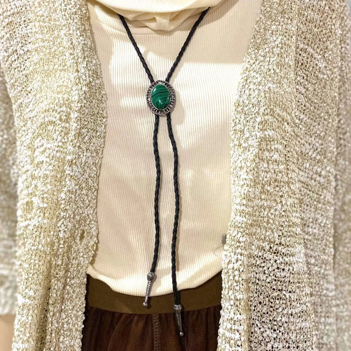 Western Antique Silver Stone Bolo Tie - Silver/ green / Adults / Stone Bolo Tie - Bolo Ties