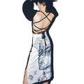 White and black midi pencil skirt with side slit, high waist, and Egon Schiele-inspired self reflection print — art-inspired fashion for bold styling.