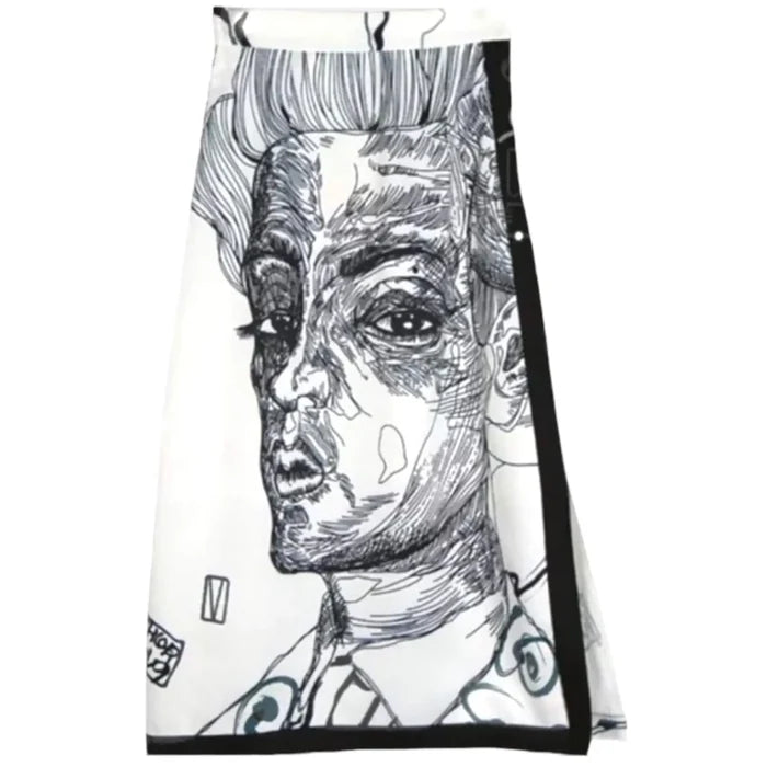 White and black midi pencil skirt with side slit, high waist, and Egon Schiele-inspired self reflection print — art-inspired fashion for bold styling.