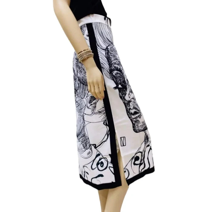 White and black midi pencil skirt with side slit, high waist, and Egon Schiele-inspired self reflection print — art-inspired fashion for bold styling.