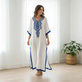 women wearing White Blue Embroidered Resort Kaftan one size