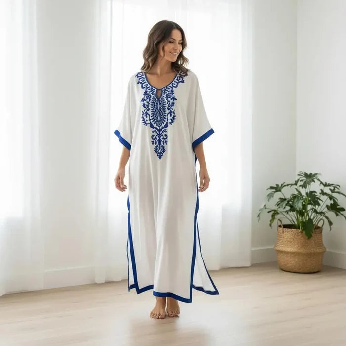 women wearing White Blue Embroidered Resort Kaftan one size