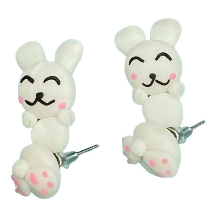 White Bunny Kawaii Stud Earrings with pink paws and playful polymer clay style one size
