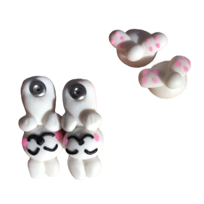 White Bunny Kawaii Stud Earrings with pink paws and playful polymer clay style one size