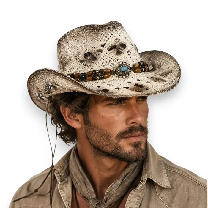 Man wearing White Burnt Western Straw Cowboy Hat with turquoise beaded hat band, lace tie, open weave, and burnt brown accents