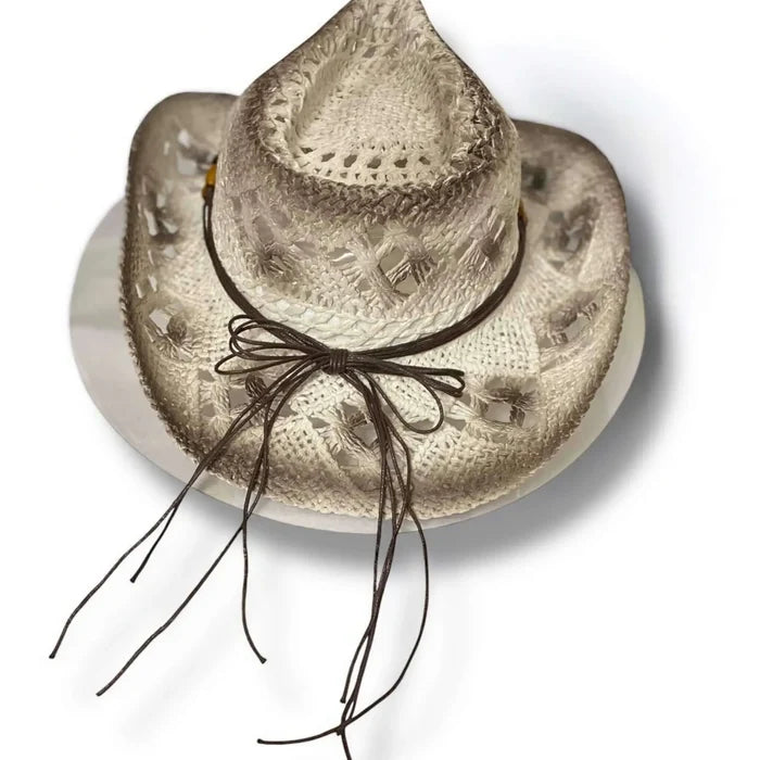 White Burnt Western Straw Cowboy Hat with turquoise beaded hat band, lace tie, open weave, and burnt brown accents