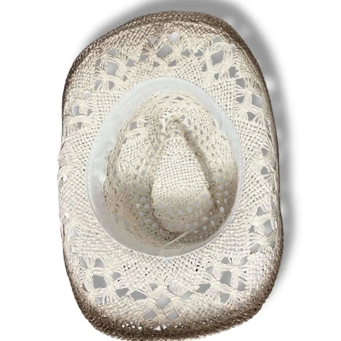 White Burnt Western Straw Cowboy Hat with turquoise beaded hat band, lace tie, open weave, and burnt brown accents