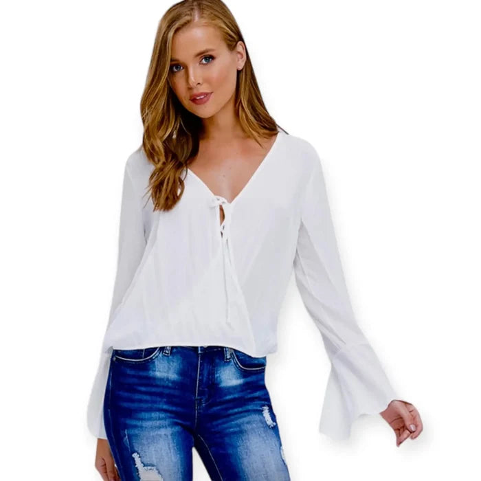 White Crepe Envelope Bell Sleeve Blouse