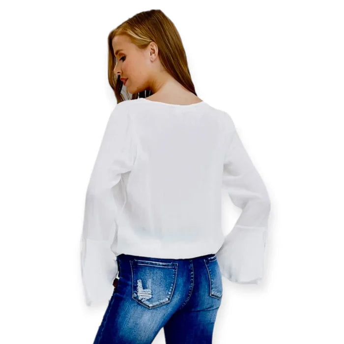 White Crepe Envelope Bell Sleeve Blouse