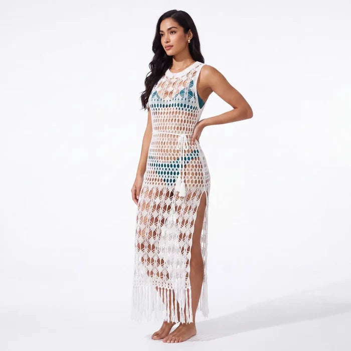 White Crochet Fringe Maxi Cover Up Dress - White / Large / Light - Beach Cover Ups