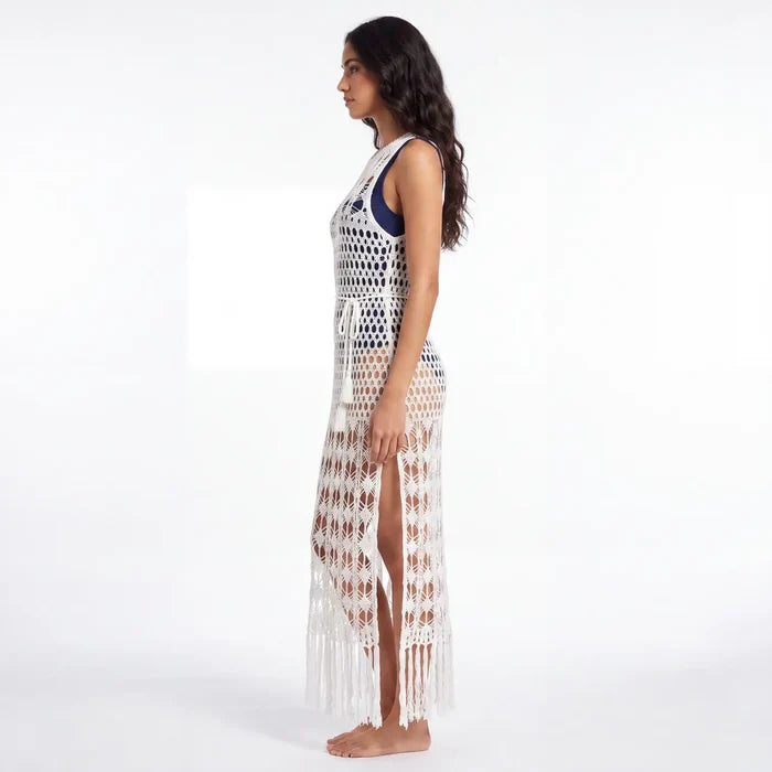 White Crochet Fringe Maxi Cover Up Dress - White / Large / Light - Beach Cover Ups