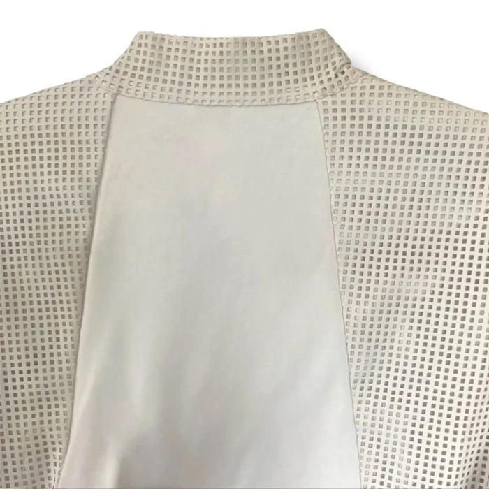 White Faux Leather Perforated Jacket with crisscross open front, collarless neckline, and long textured sleeves back panel neckline
