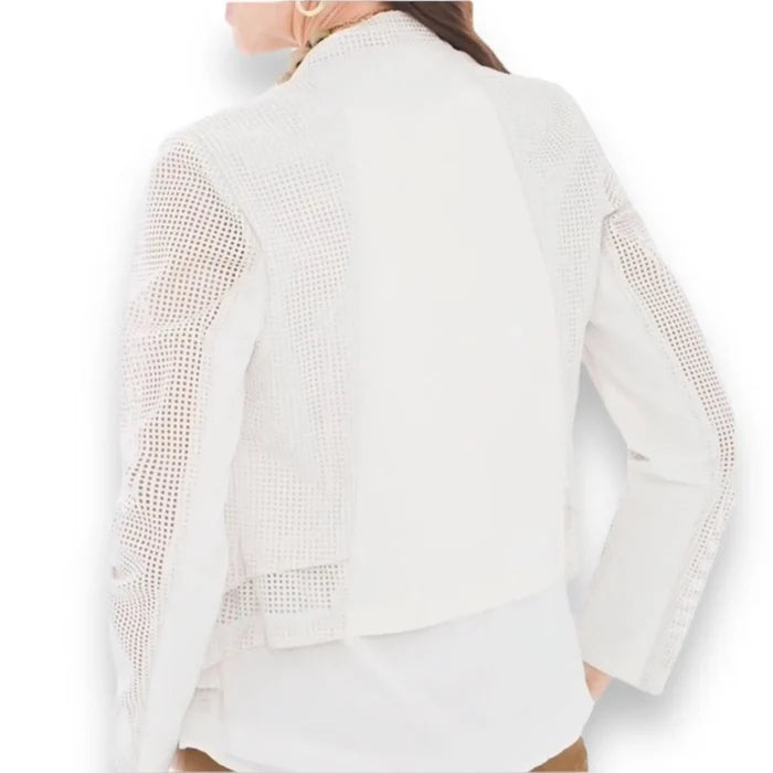 back view woman wearing White Faux Leather Perforated Jacket with crisscross open front, collarless neckline, and long textured sleeves