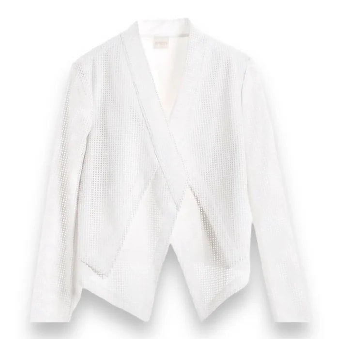 White Faux Leather Perforated Jacket with crisscross open front, collarless neckline, and long textured sleeves flat view