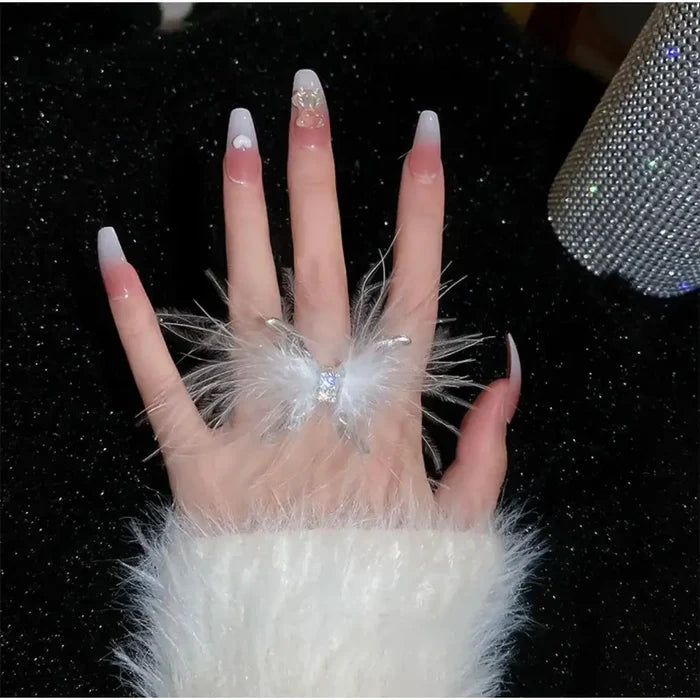 White Feathery Silver Butterfly Wrap Ring with rhinestones and adjustable band / women's / 8