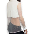 White Fishnet Sleeve Sheer Button Up Blouse front mesh panel cuffed long fishnet sleeves and partial fishnet back panel small or medium
