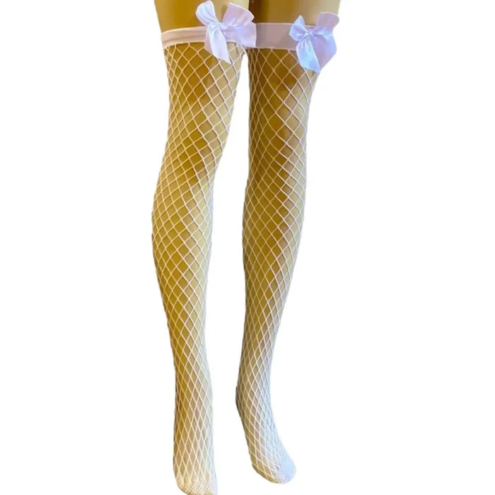 White Fishnet Thigh High Bow Stockings- Wild Time Fashion