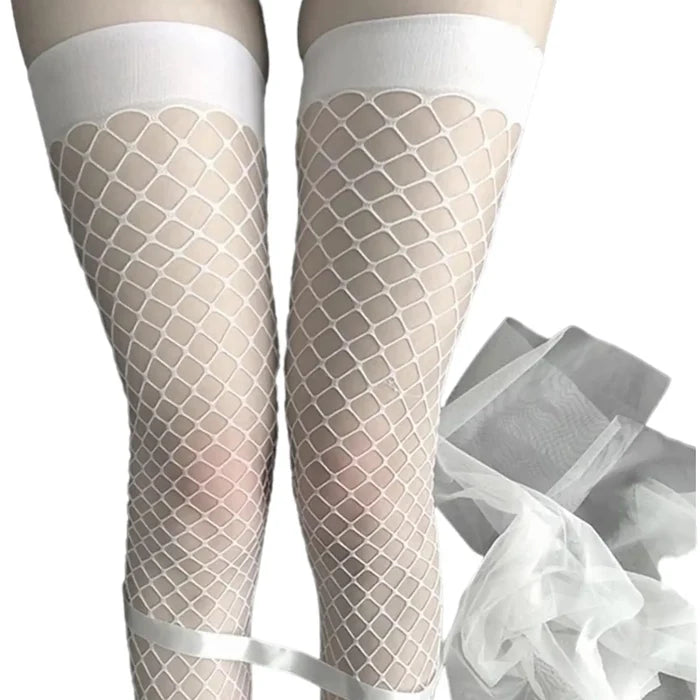 White fishnet thigh high stockings with medium diamond mesh and stretch fit for alternative outfits
