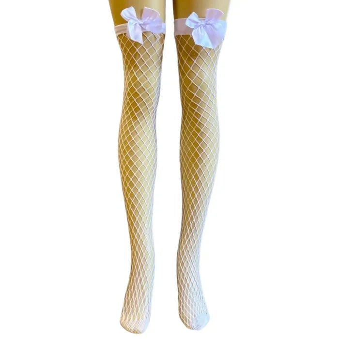 White Fishnet Thigh High Bow Stockings - Wild Time Fashion