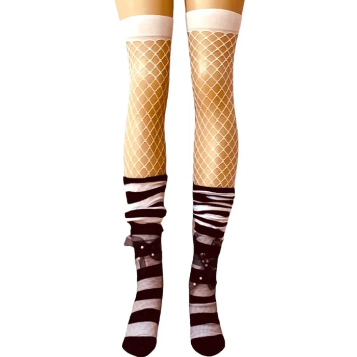 White fishnet thigh high stockings with medium diamond mesh and stretch fit for alternative outfits
