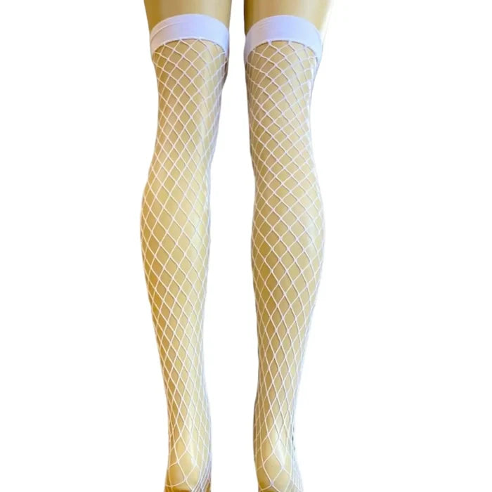 White Fishnet Thigh High Bow Stockings - Wild Time Fashion