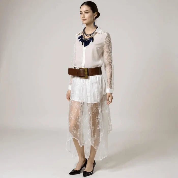 woman wearing with wide belt white top White Floral Lace Sheer Asymmetrical Midi Skirt with partial lining, elastic waist, and flowy hanky hem