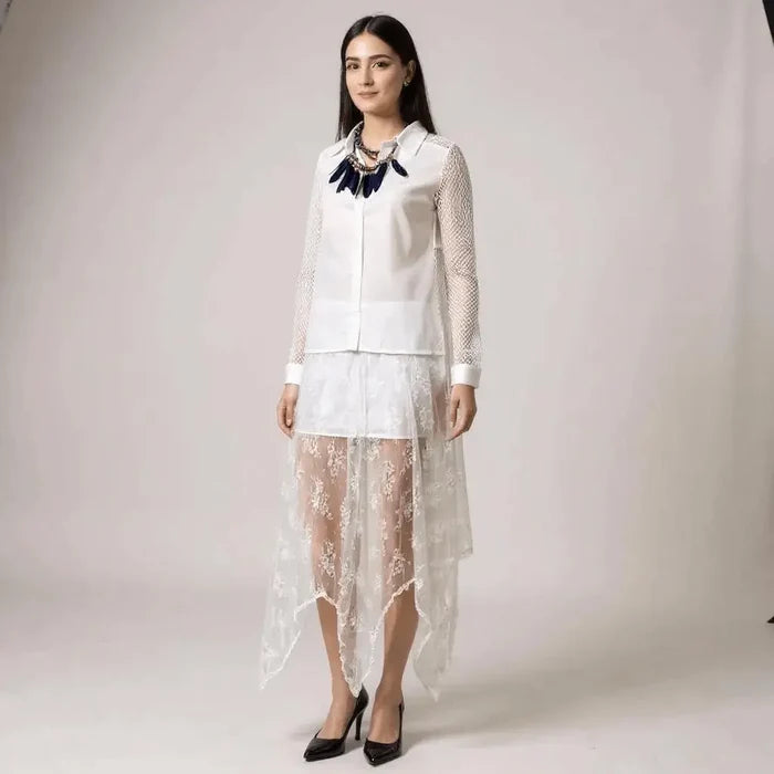 woman wearing white top blue feather choker with White Floral Lace Sheer Asymmetrical Midi Skirt with partial lining, elastic waist, and flowy hanky hem