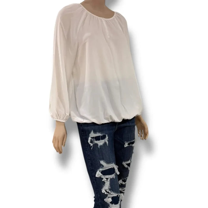 White semi sheer long sleeve blouse with gathered round neckline keyhole button closure and shirred elastic cuffs size large