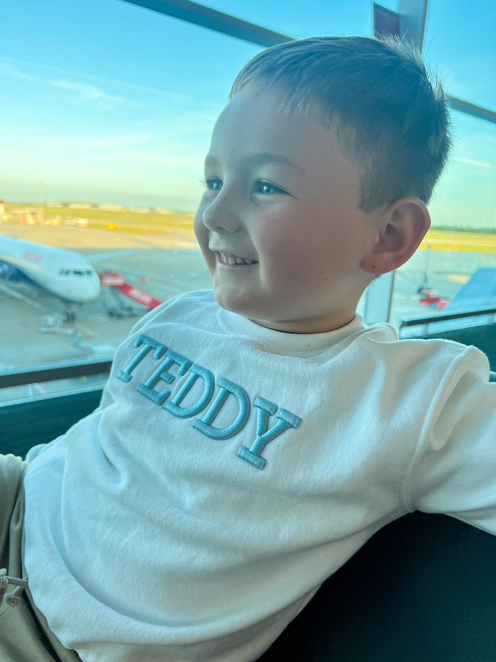 White Jumper with Blue 3D Font Jumper