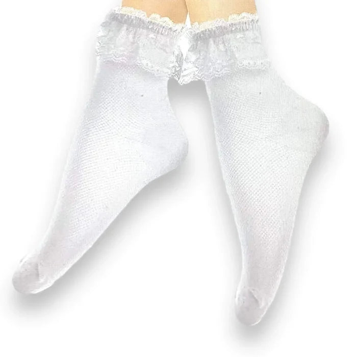 White Lace Ruffle Cotton Ankle Socks with diamond-textured knit and scalloped lace topper