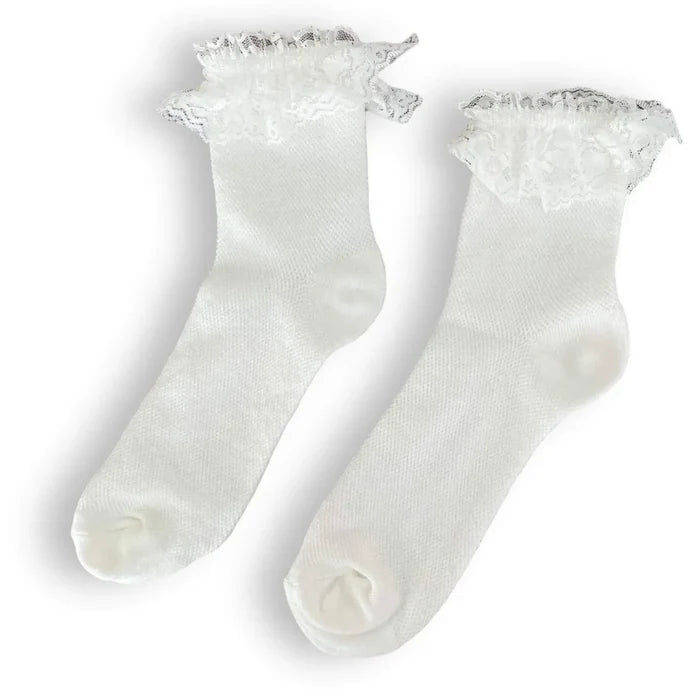 White Lace Ruffle Cotton Ankle Socks with diamond-textured knit and scalloped lace topper