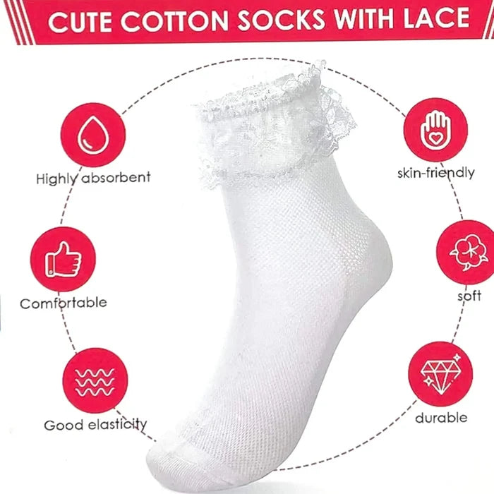 White Lace Ruffle Cotton Ankle Socks with diamond-textured knit and scalloped lace topper