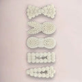 set of 5 oversized white pearl beaded hair clips with silver snap closure mixed shapes bunny bow triangle rectangle bowknot coquette hair accessories