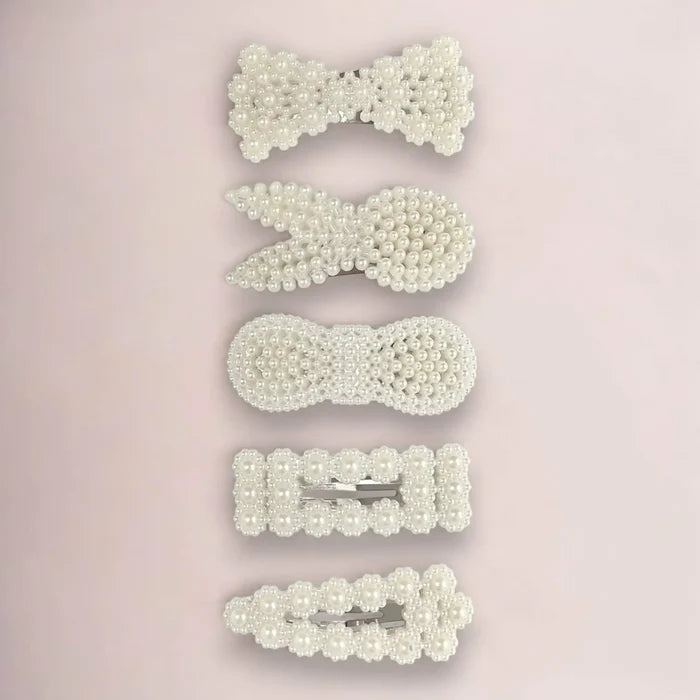 set of 5 oversized white pearl beaded hair clips with silver snap closure mixed shapes bunny bow triangle rectangle bowknot coquette hair accessories
