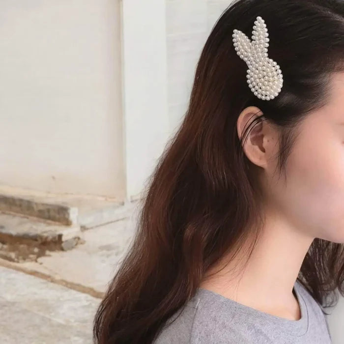set of 5 oversized white pearl beaded hair clips with silver snap closure mixed shapes bunny bow triangle rectangle bowknot coquette hair accessories