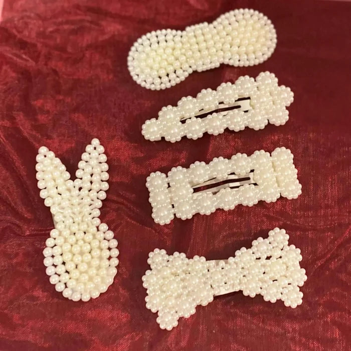 set of 5 oversized white pearl beaded hair clips with silver snap closure mixed shapes bunny bow triangle rectangle bowknot coquette hair accessories