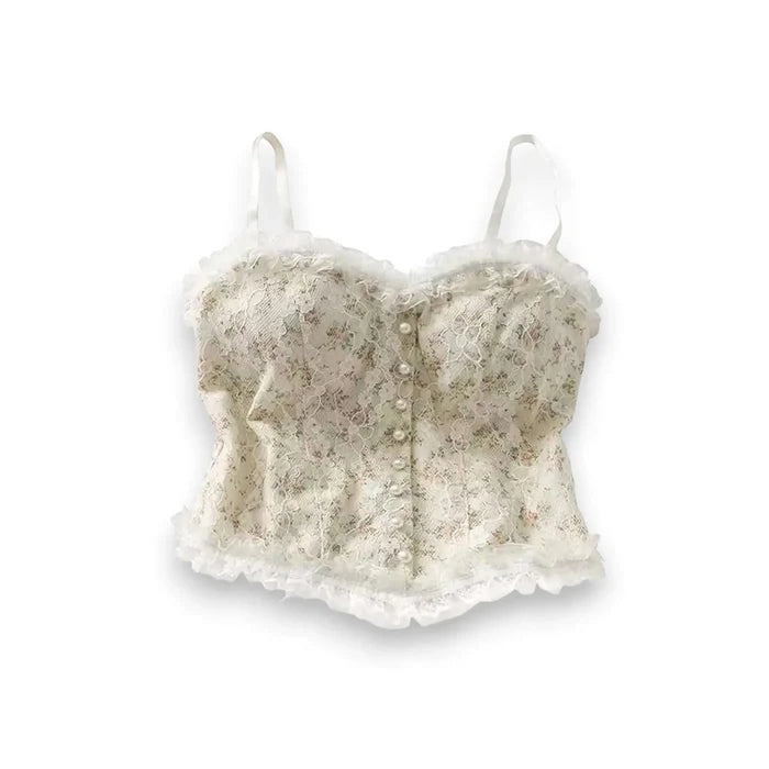 White Pink Floral Ruffle Lace Corset Top - White / Small / Sleeveless - Tank Tops