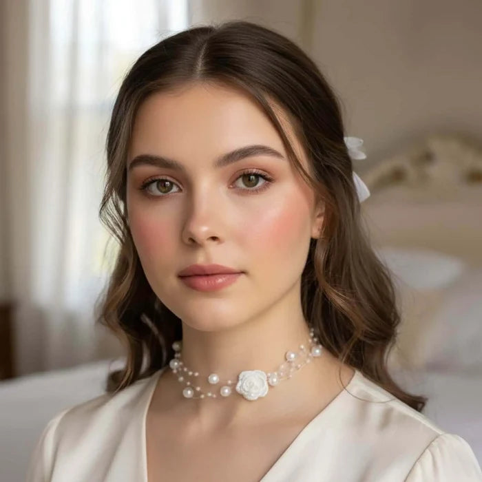 White Rose Pearl Choker Necklace with embroidered floral centerpiece and layered faux pearl strands