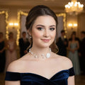 White Rose Pearl Choker Necklace with embroidered floral centerpiece and layered faux pearl strands