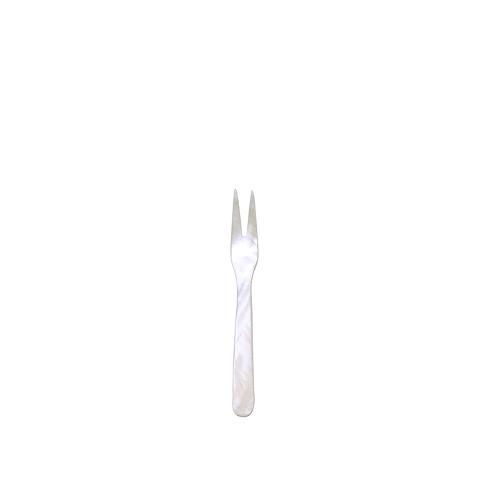 White mini fork with pearlescent shell-patterned handle and two prongs.