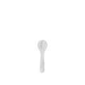 White mini spoon shaped like a seashell with smooth glossy finish.