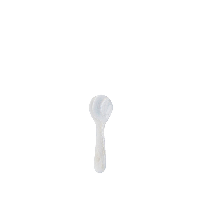 White mini spoon shaped like a seashell with smooth glossy finish.