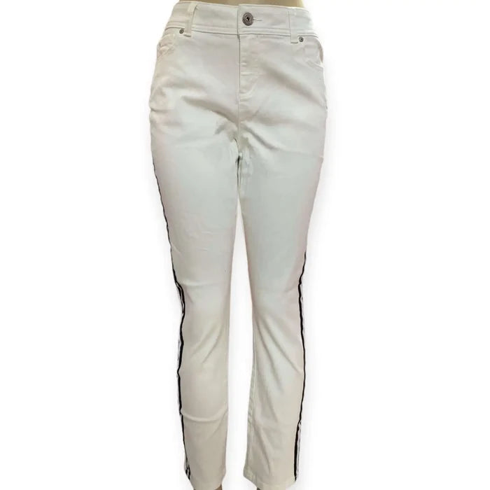 White Side Stripe Skinny Jeans with black stripes and cropped ankle fit /Mid Rise/ Size 10 / women's