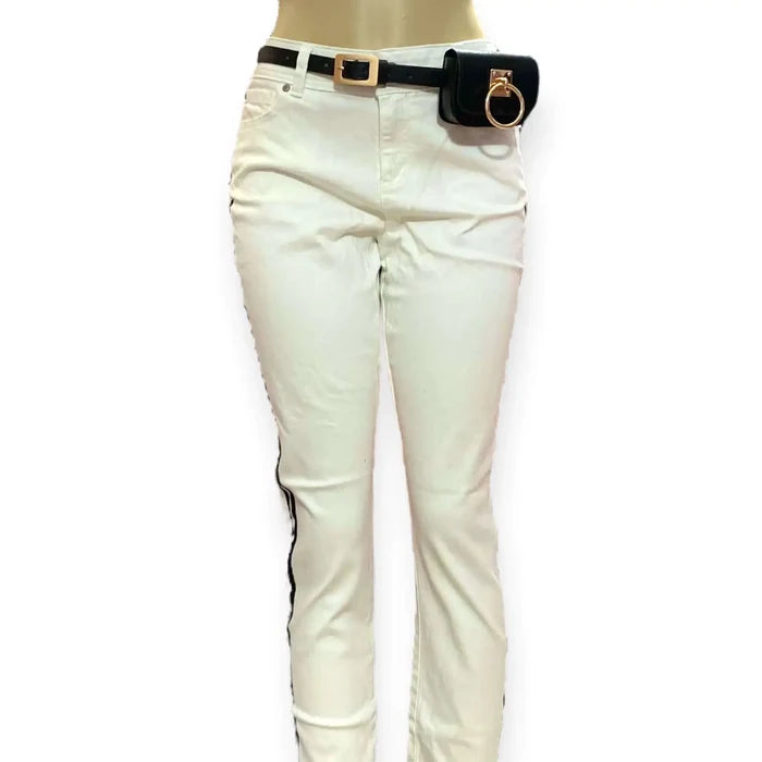 White Side Stripe Skinny Jeans with black stripes and cropped ankle fit /Mid Rise/ Size 10 / women's